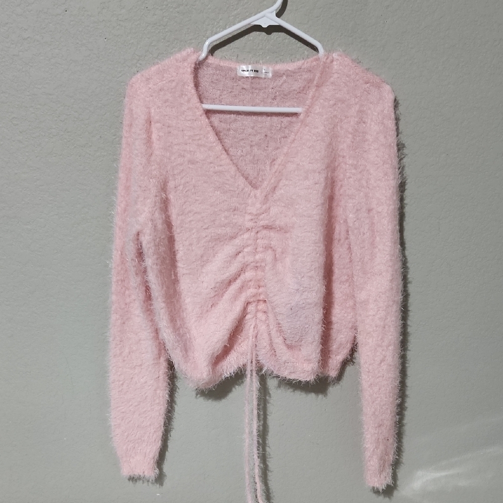 Society 212 Sweater Women's light Pink Fuzzy Sweater size 2x cropped scrunched
